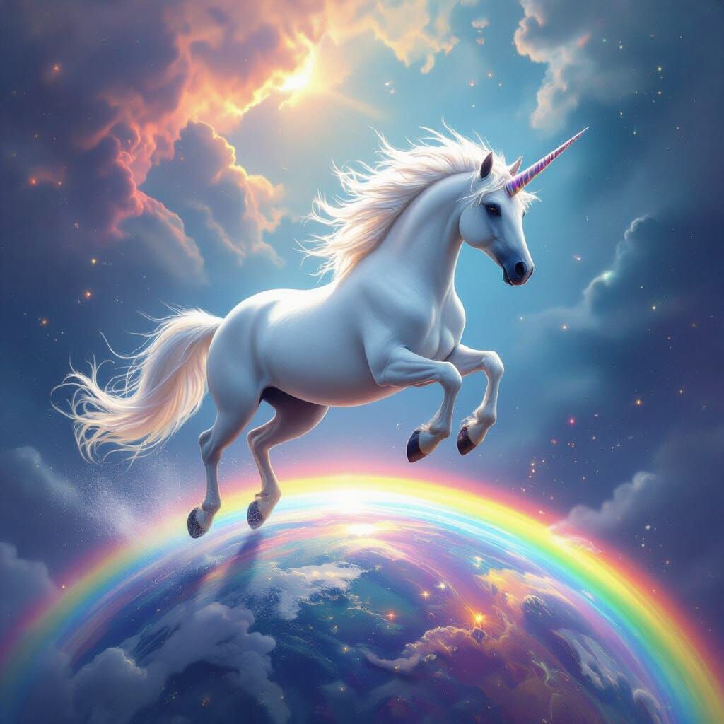 Majestic Unicorn Leaps Over Rainbow Planet in Digital Art St...