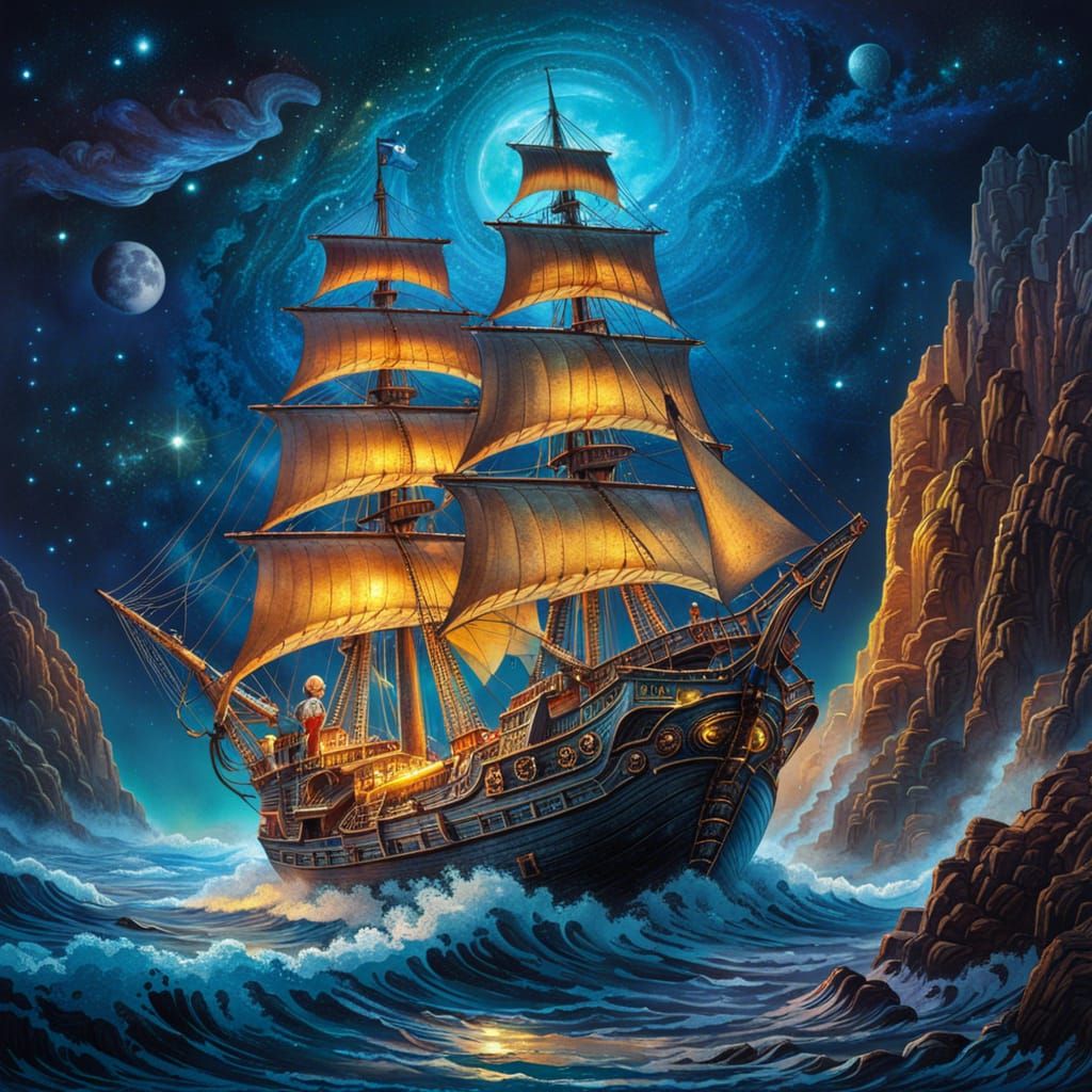 Bioluminescent Pirate Ship Sails Cosmic Seas