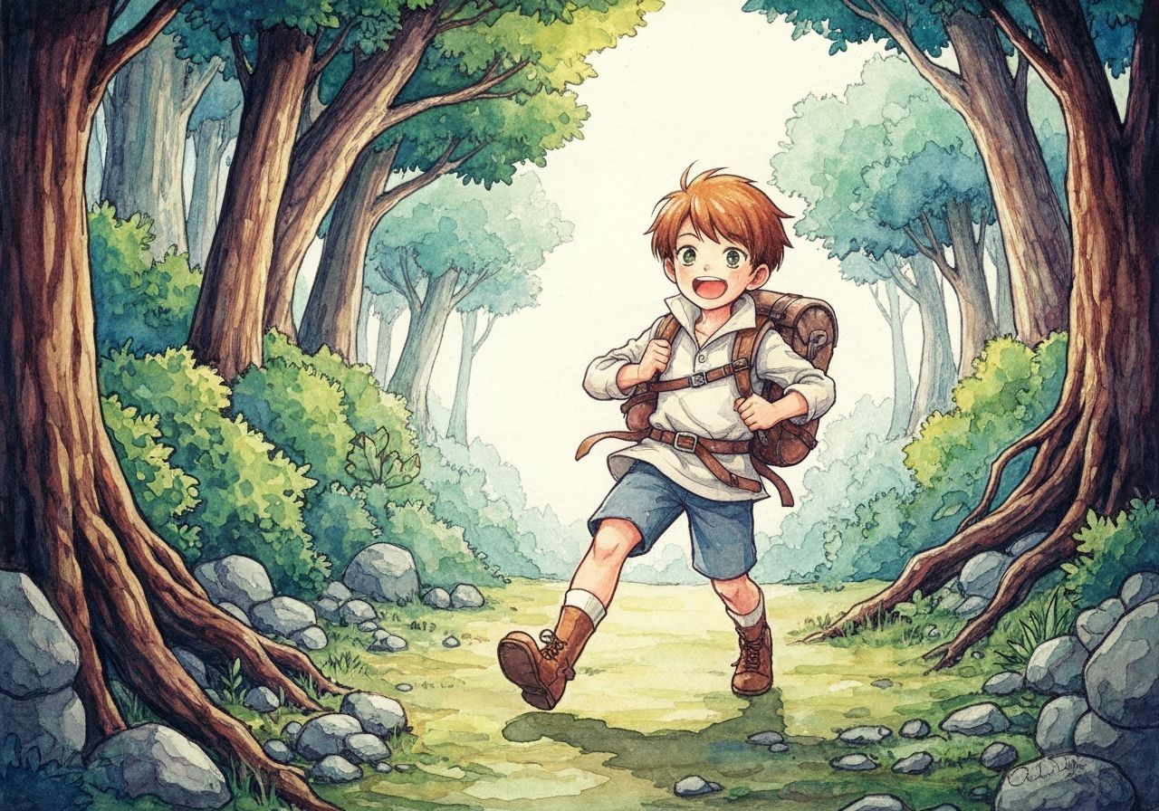 Cheerful Boy Adventuring in Forest Watercolor Painting
