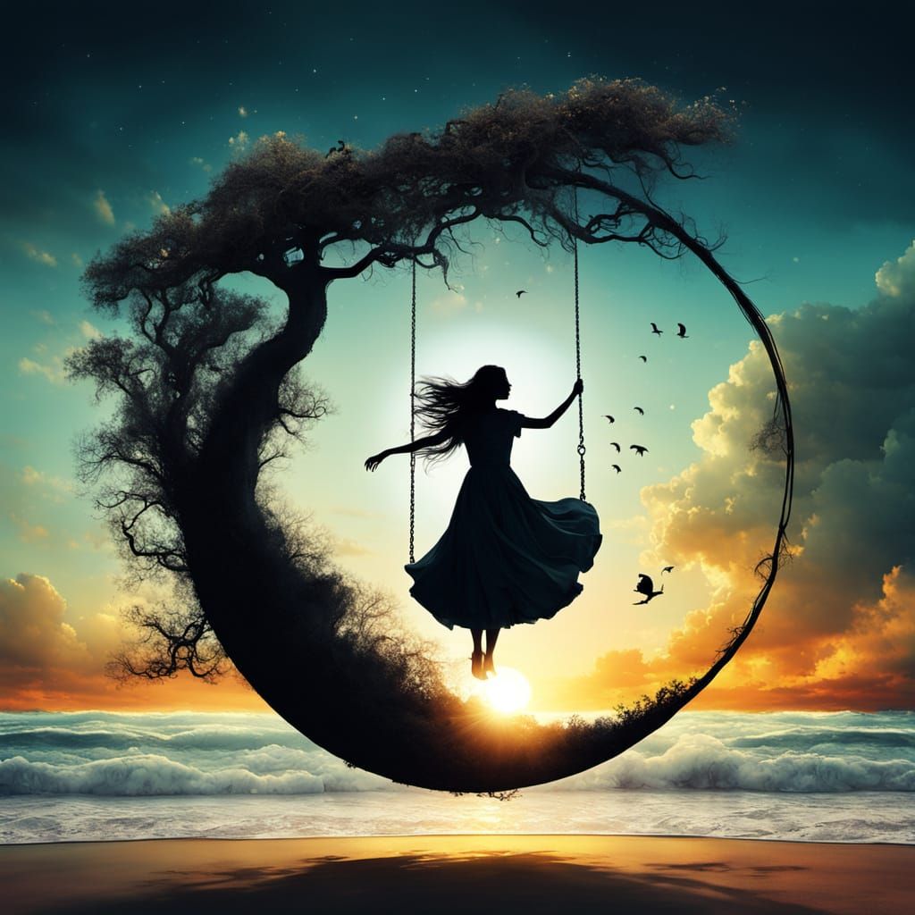 Surreal Sunset Goddess Swings over Vibrant Beach