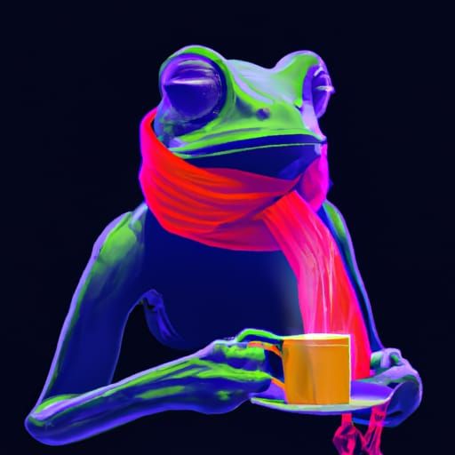 Cyberpunk Frog with Scarf Enjoys Coffee