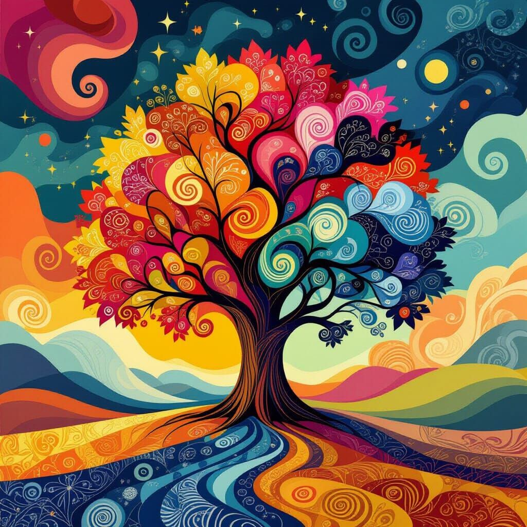 Four Seasons Tree with Fractal and Zentangle Details