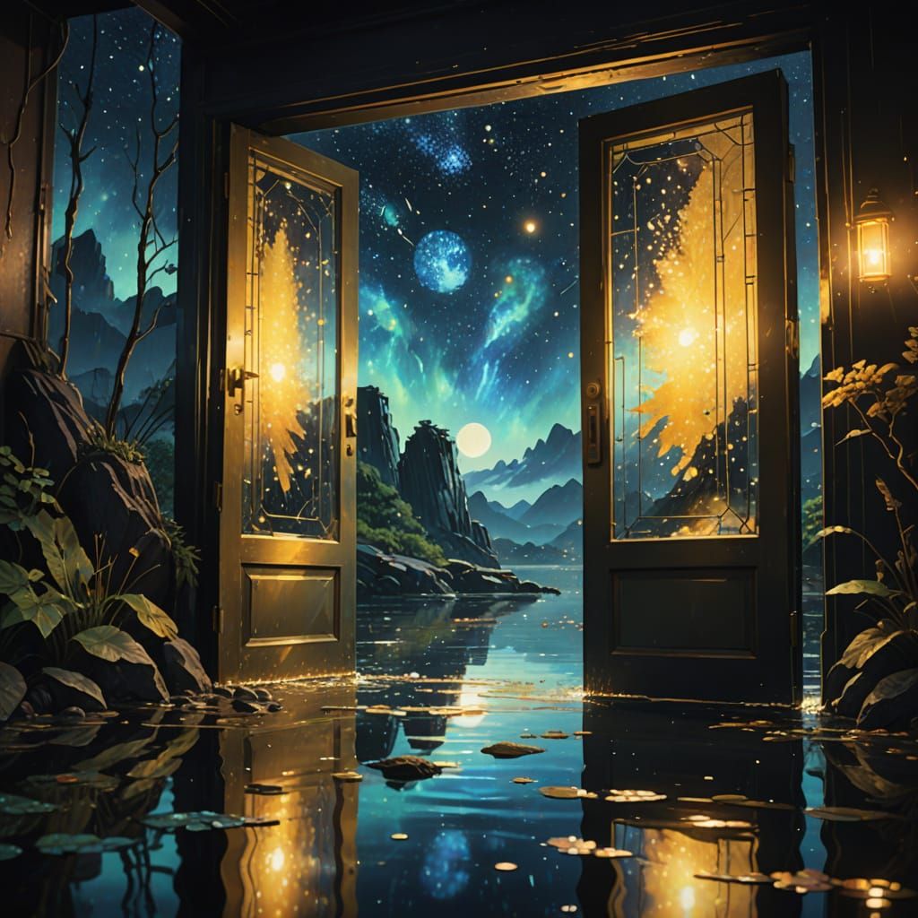 A neo-watercolor Aesthetics with glowing vitrage patterns of...