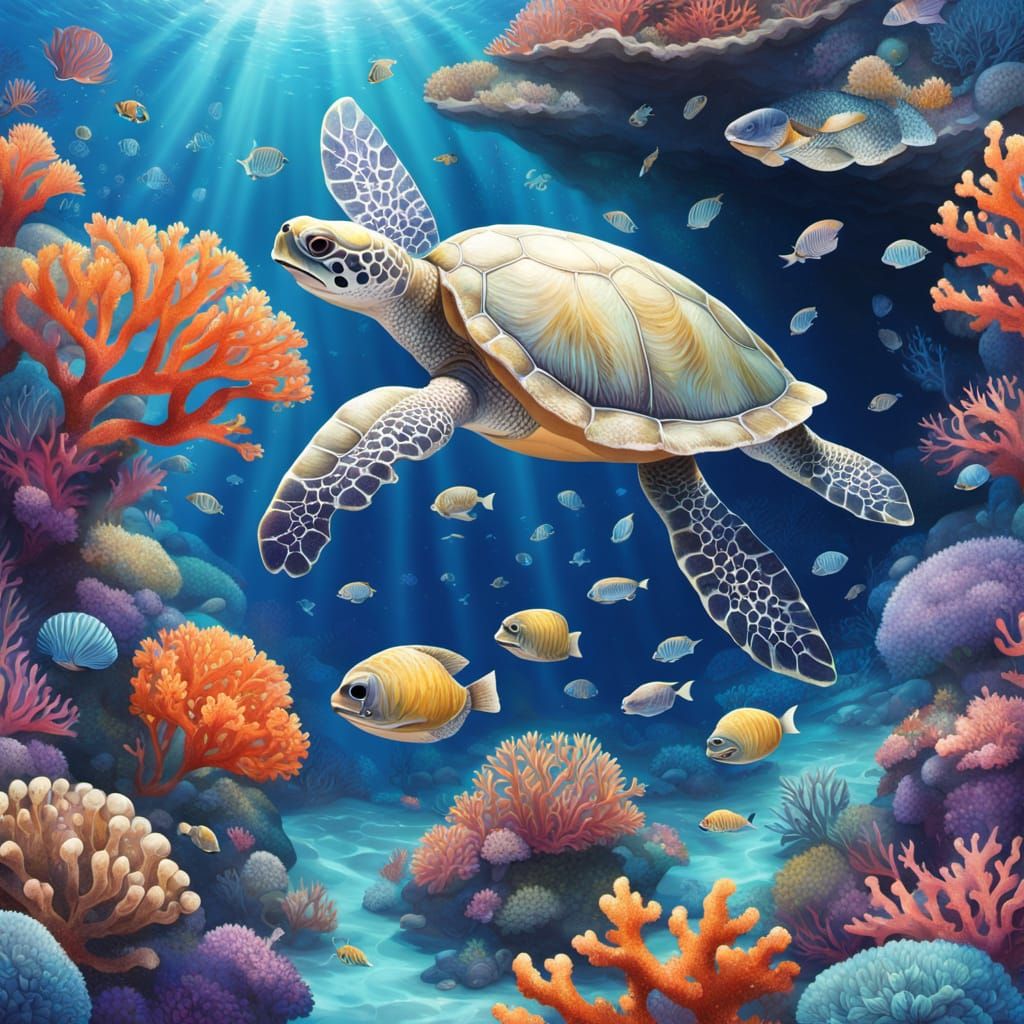 Dreamy Coral Reef Scene with Glittering Turtle