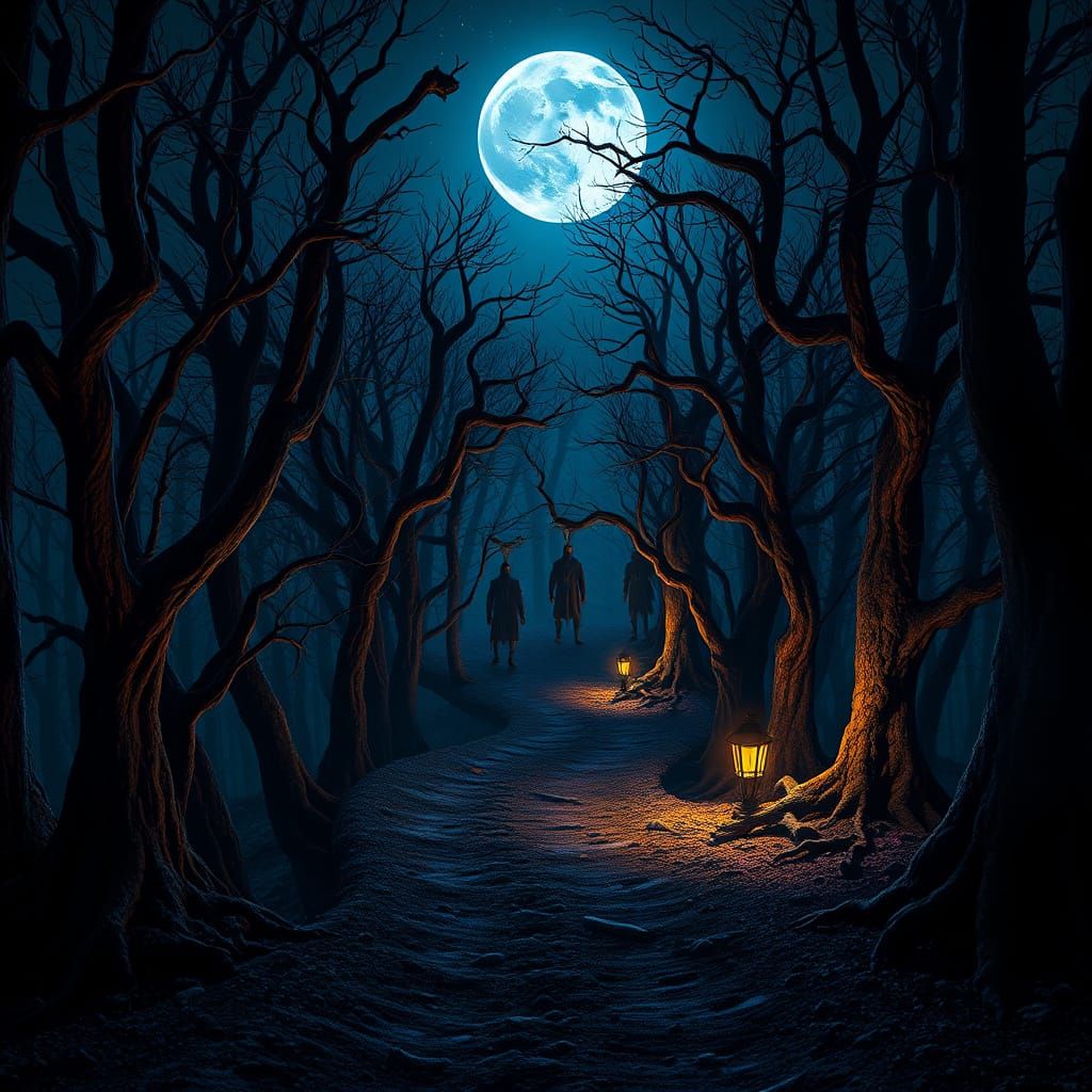 Eerie Moonlit Path Unfolds into Twisted Woods
