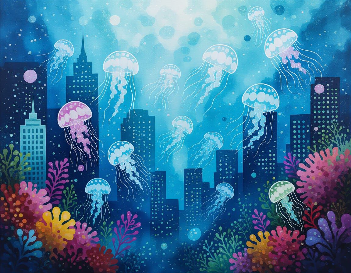 Bioluminescent Underwater City in Watercolor Style