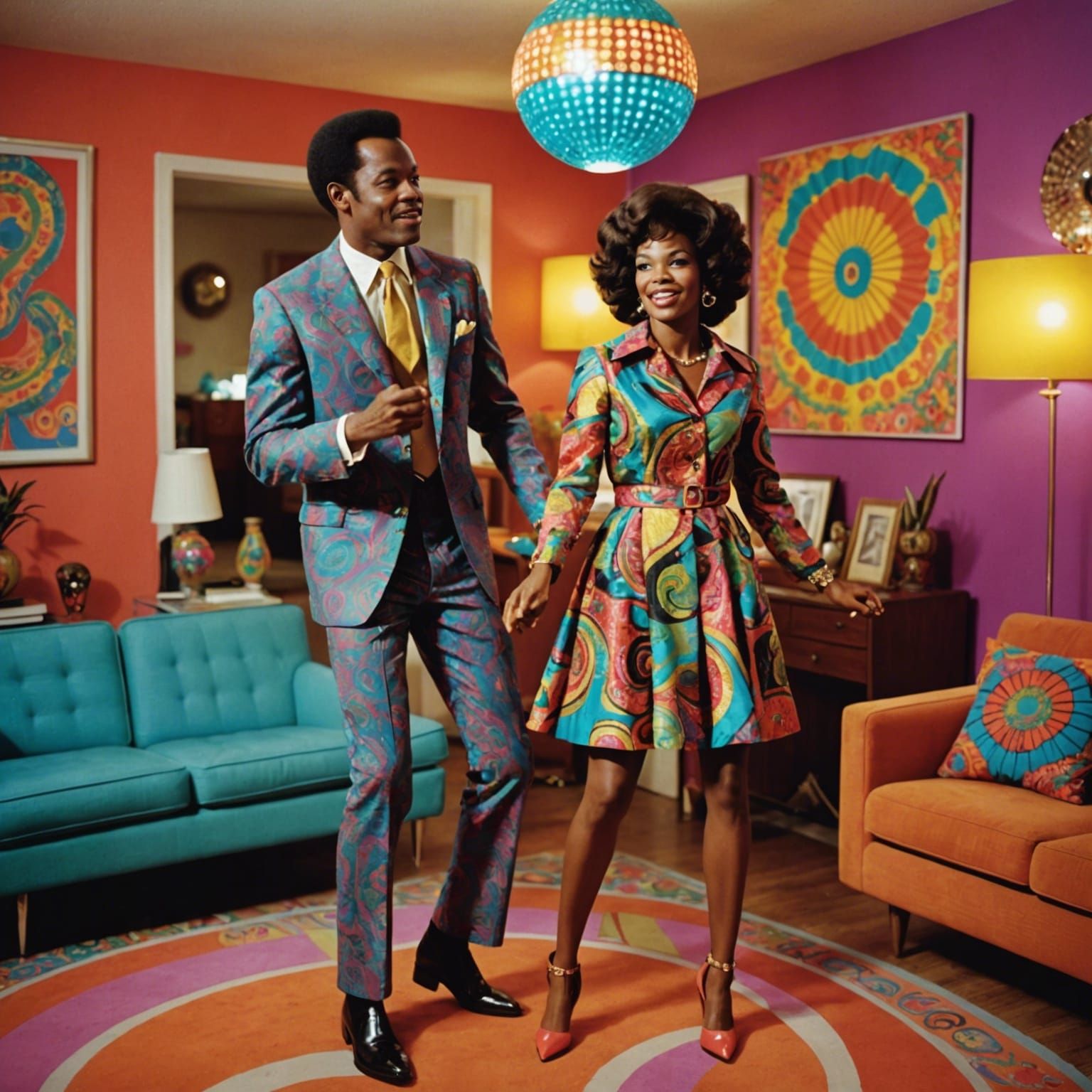 Vibrant 1960s House Party with Dancing Couple