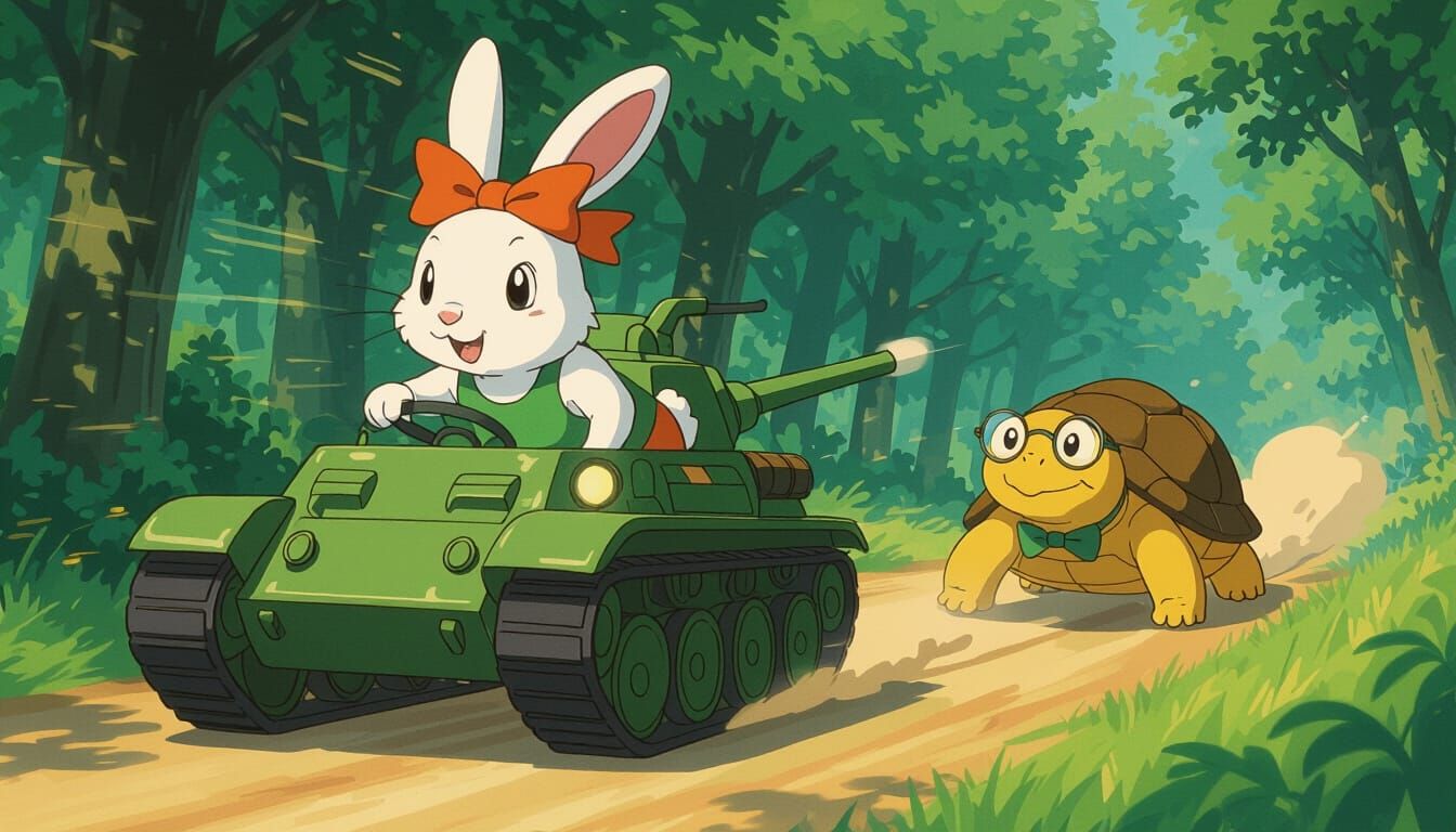 Anime Rabbit Races Ahead of Tortoise on Forest Path