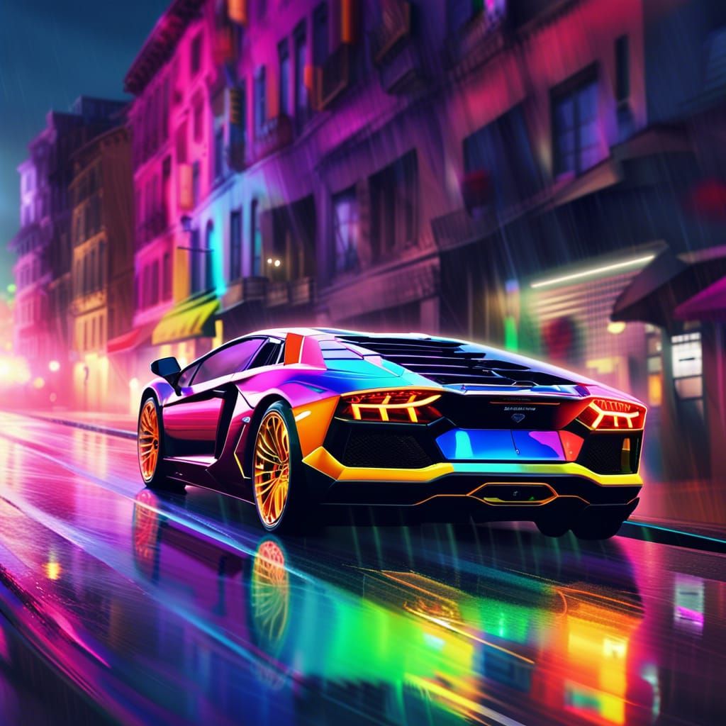 Rainbow Lamborghini Aventador Speeding Through Neon City