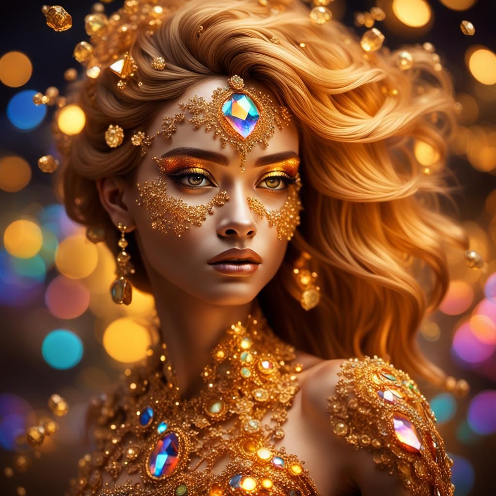 Crystalline Entity in Golden Light, Hyperrealistic Portrait