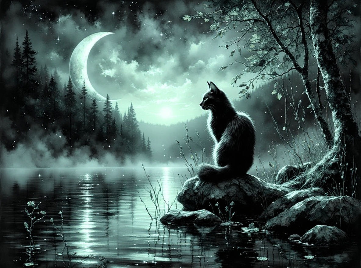 Opulent Black Cat Portrait Under Crescent Moon