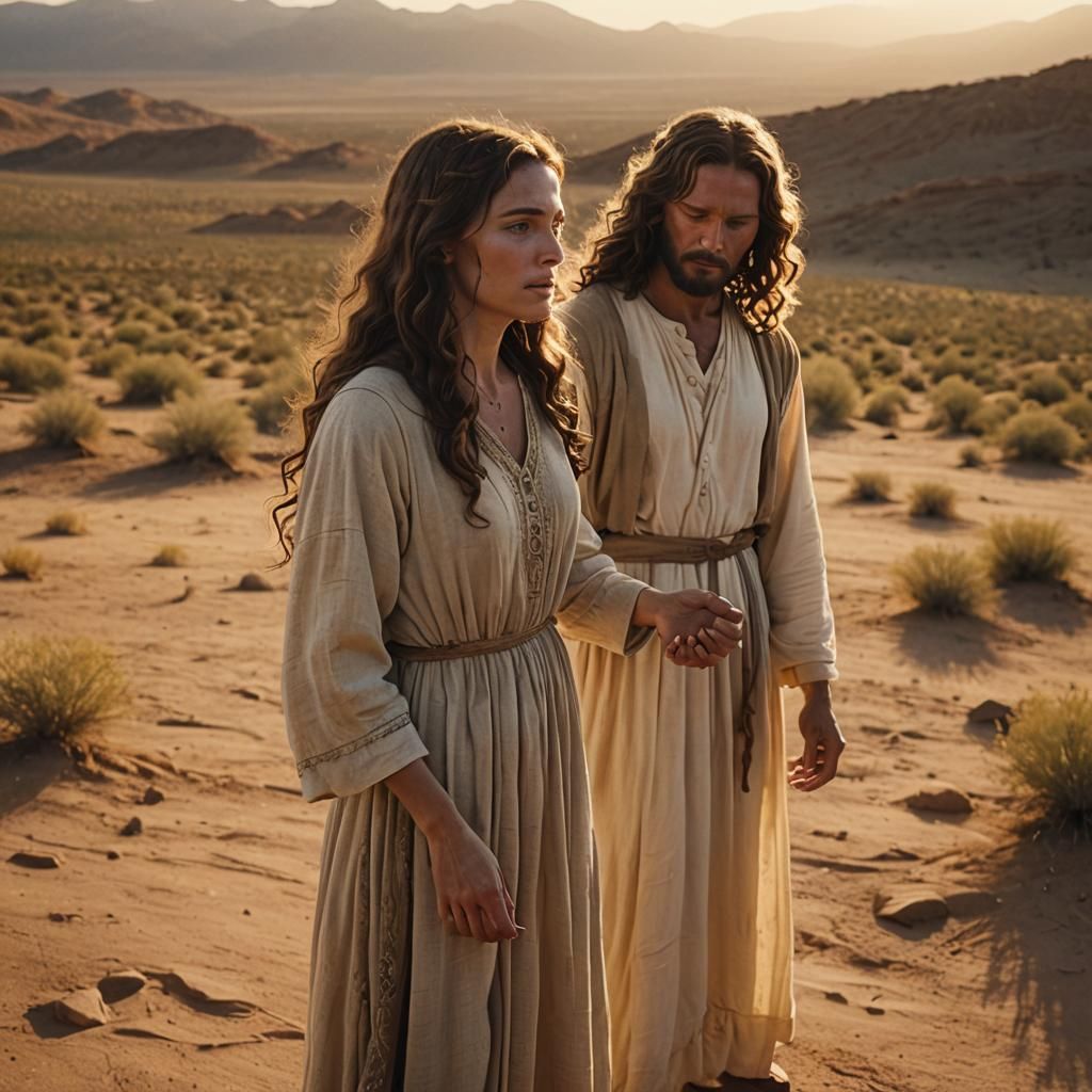 Jesus Comforts a Woman in Desert Landscape