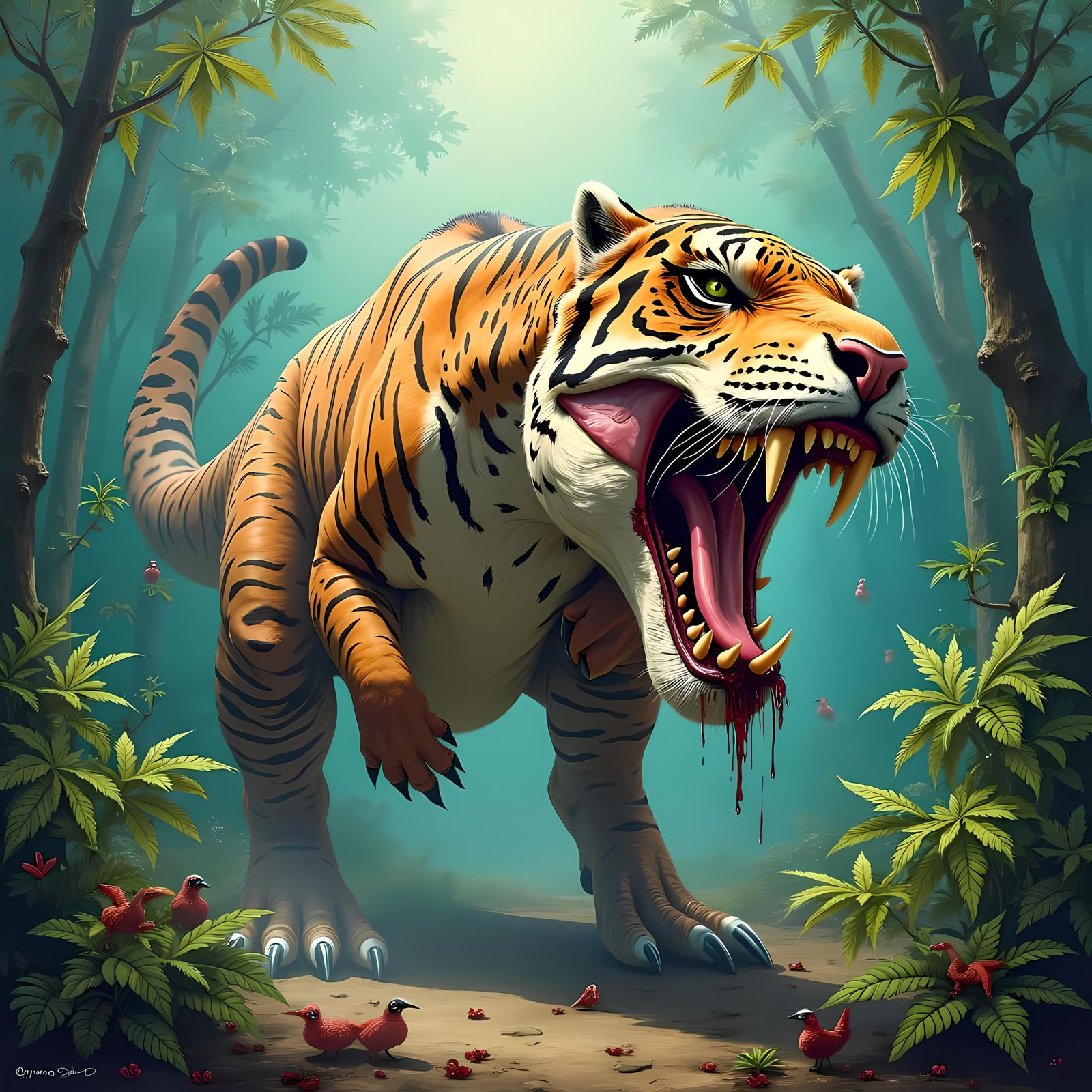 Sabertooth Tiger vs Tyrannosaurus Rex in Jungle Scene