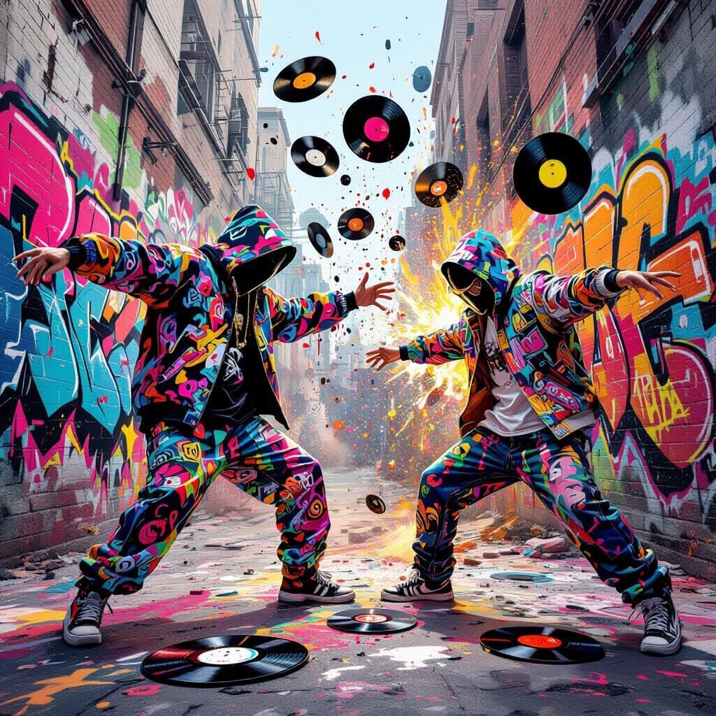 Graffiti Art Style Person Throws Vinyl Records at Mixer