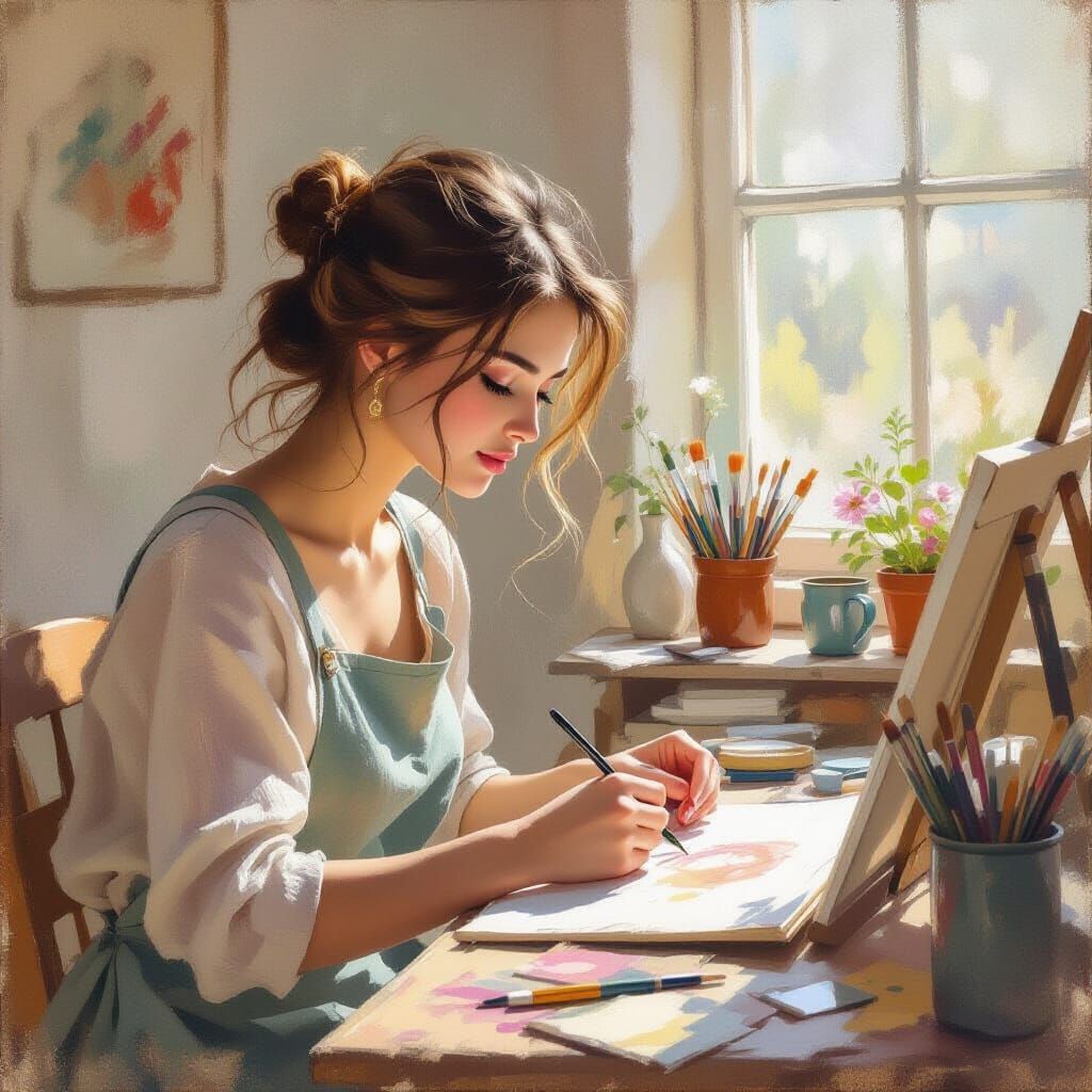 Shy Artist Creating in Sunlit Studio