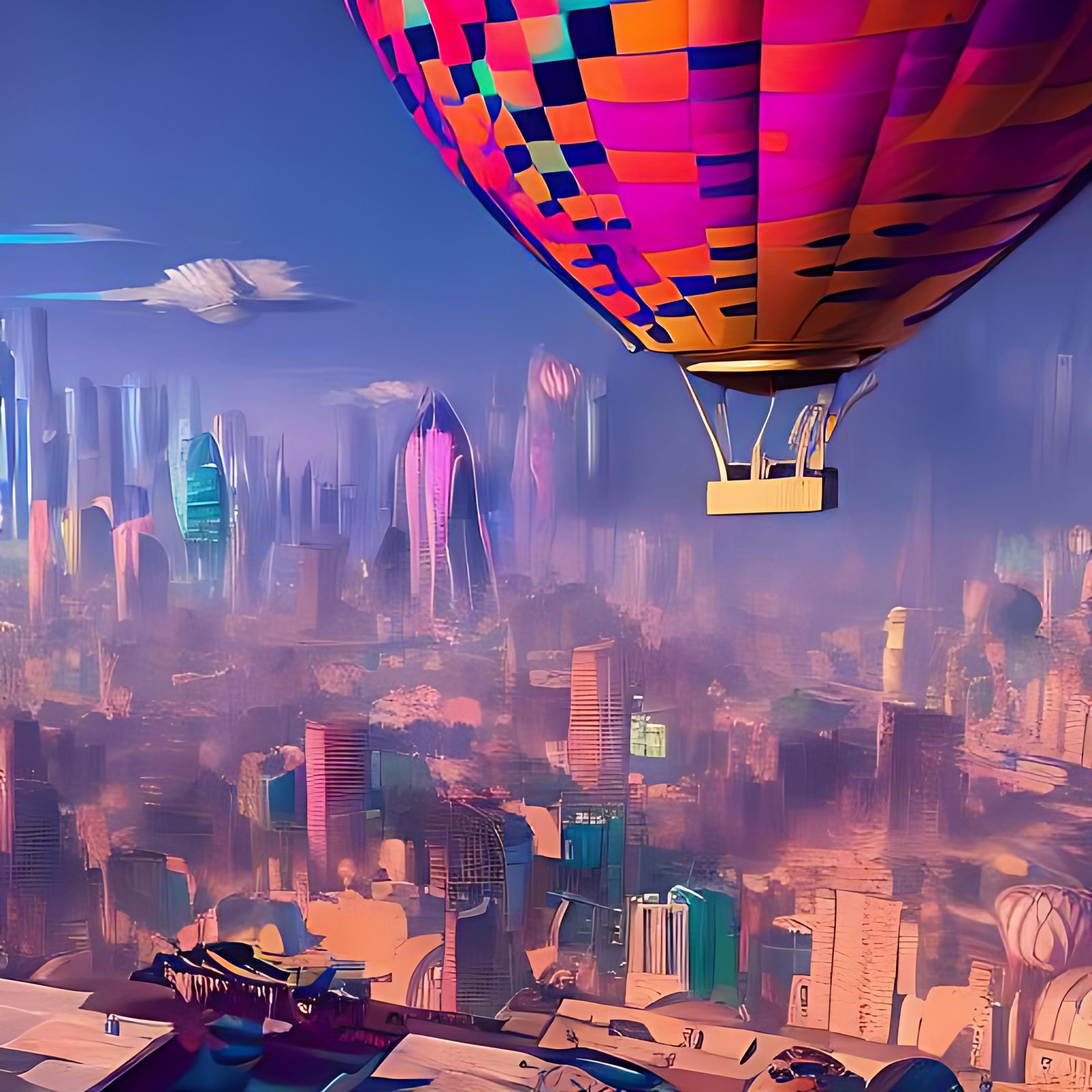 Cyberpunk Cityscape with Floating Hot Air Balloon