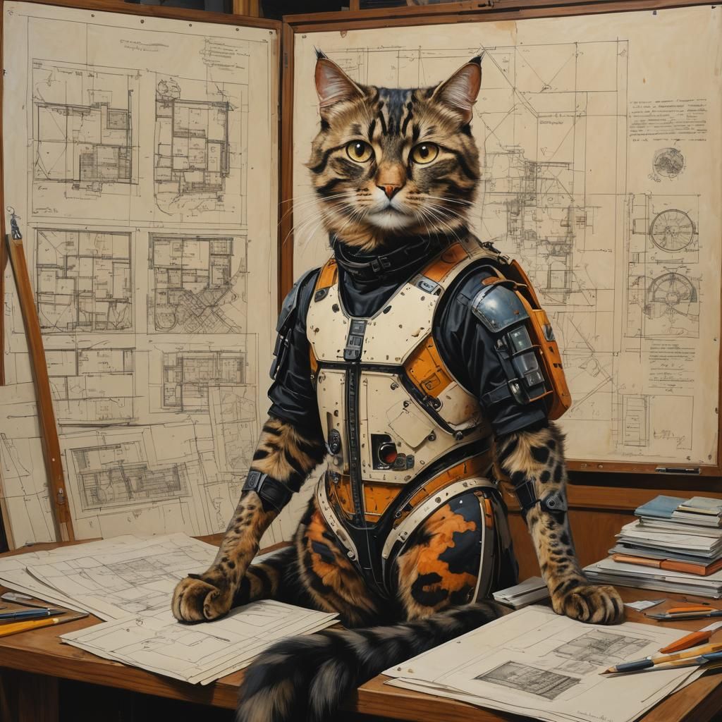 Architect Cat in Oil Painting Style