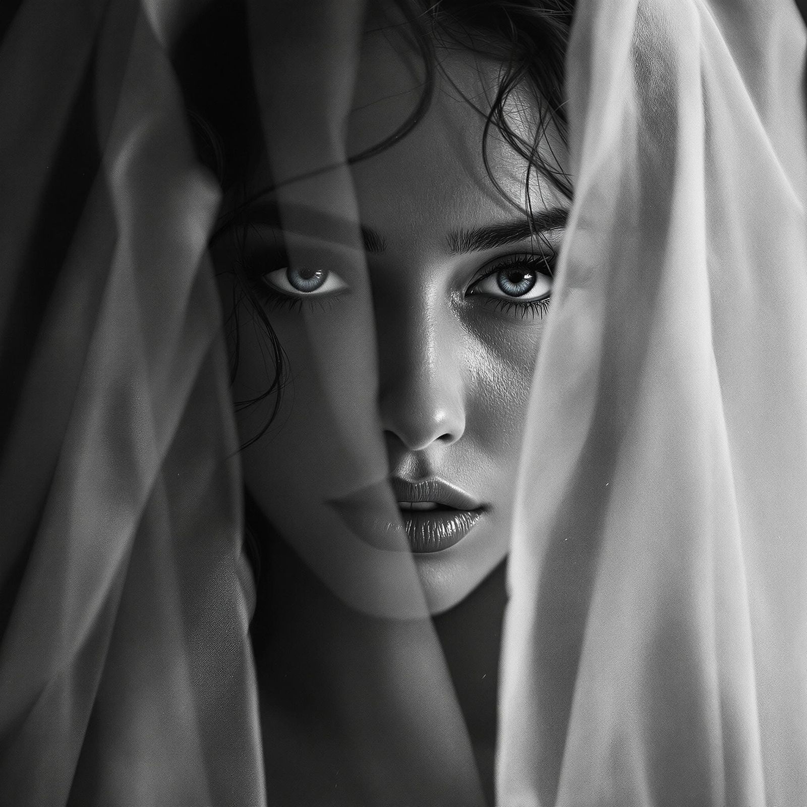 Enigmatic Veiled Woman in Dreamlike Black-and-White