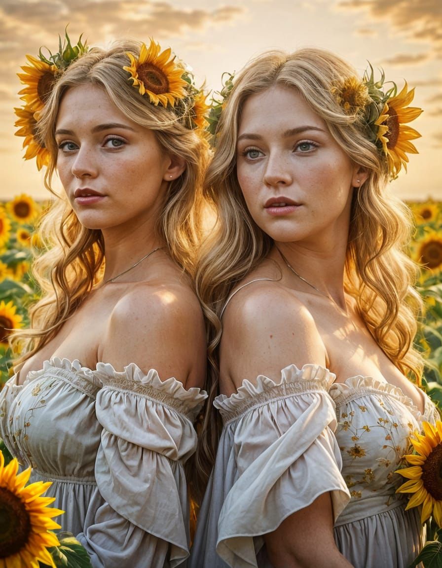 Twin Sisters in Sunflower Field, Art Nouveau Style