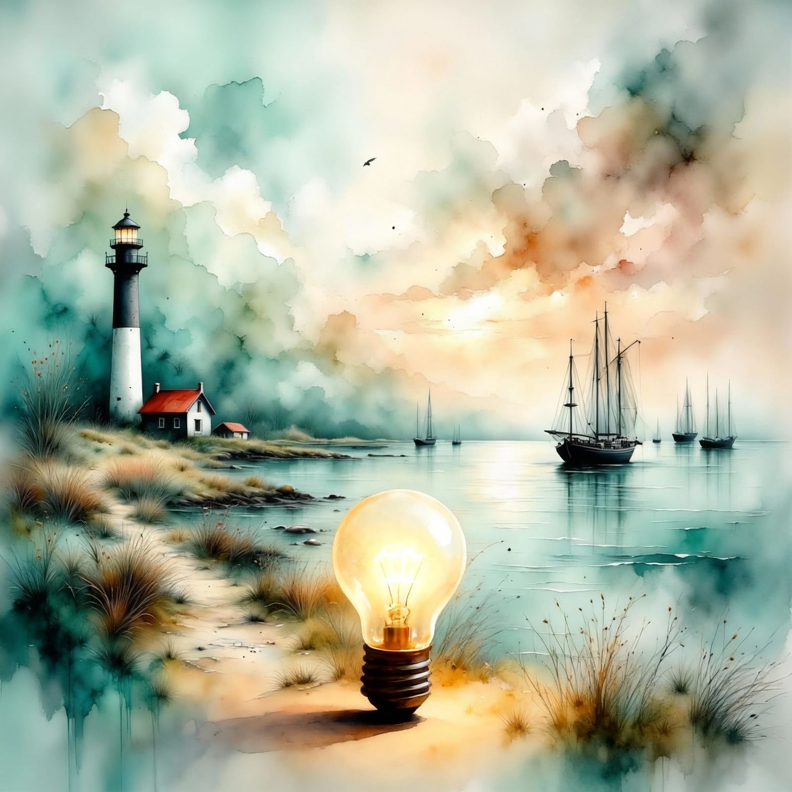 Seascape with Lighthouse and Glowing Lightbulb on Gritty Can...
