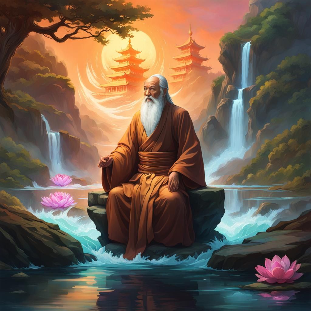 Lao Tzu Meditating Portrait, Digital Art