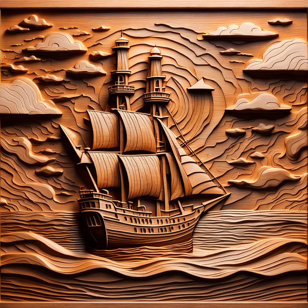 Folk Art Bas-Relief Carving of Ship and Lighthouse