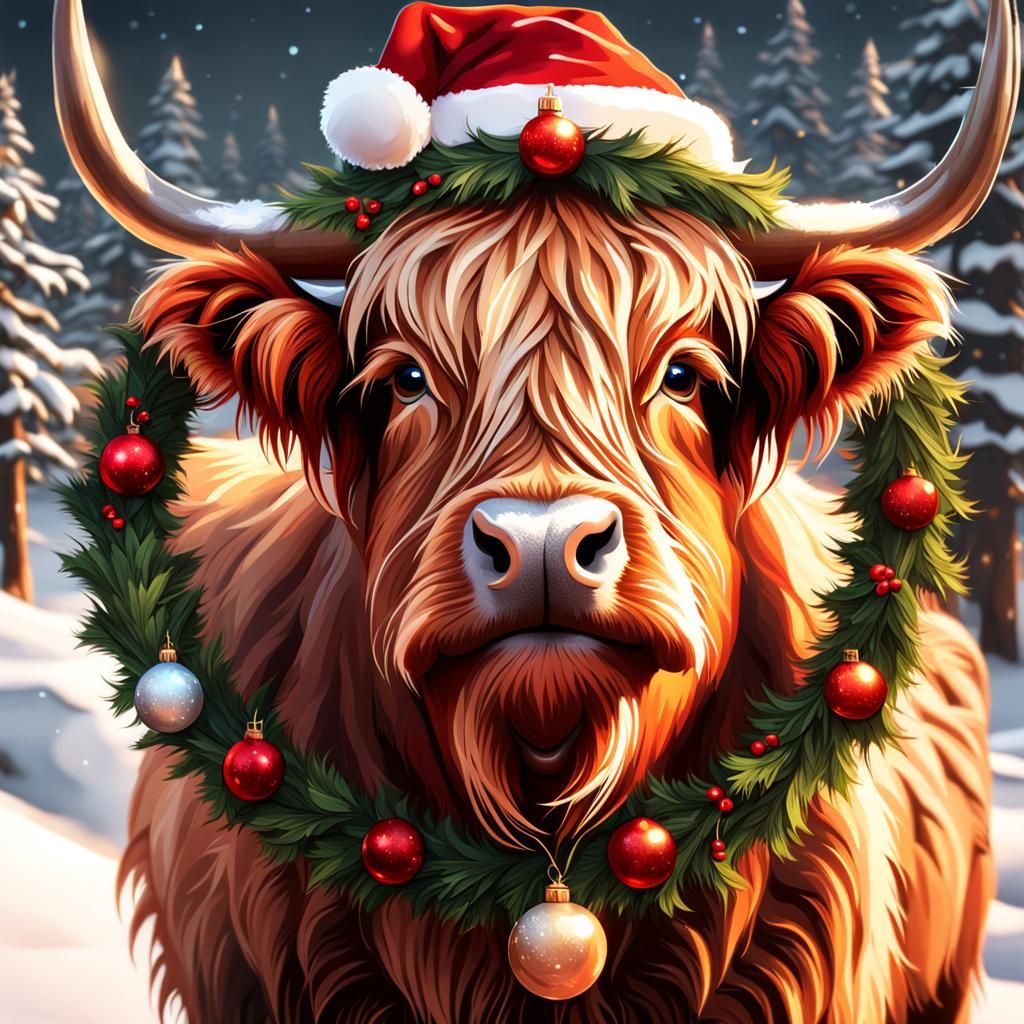Highland Cow in Santa Hat: Christmas Portrait