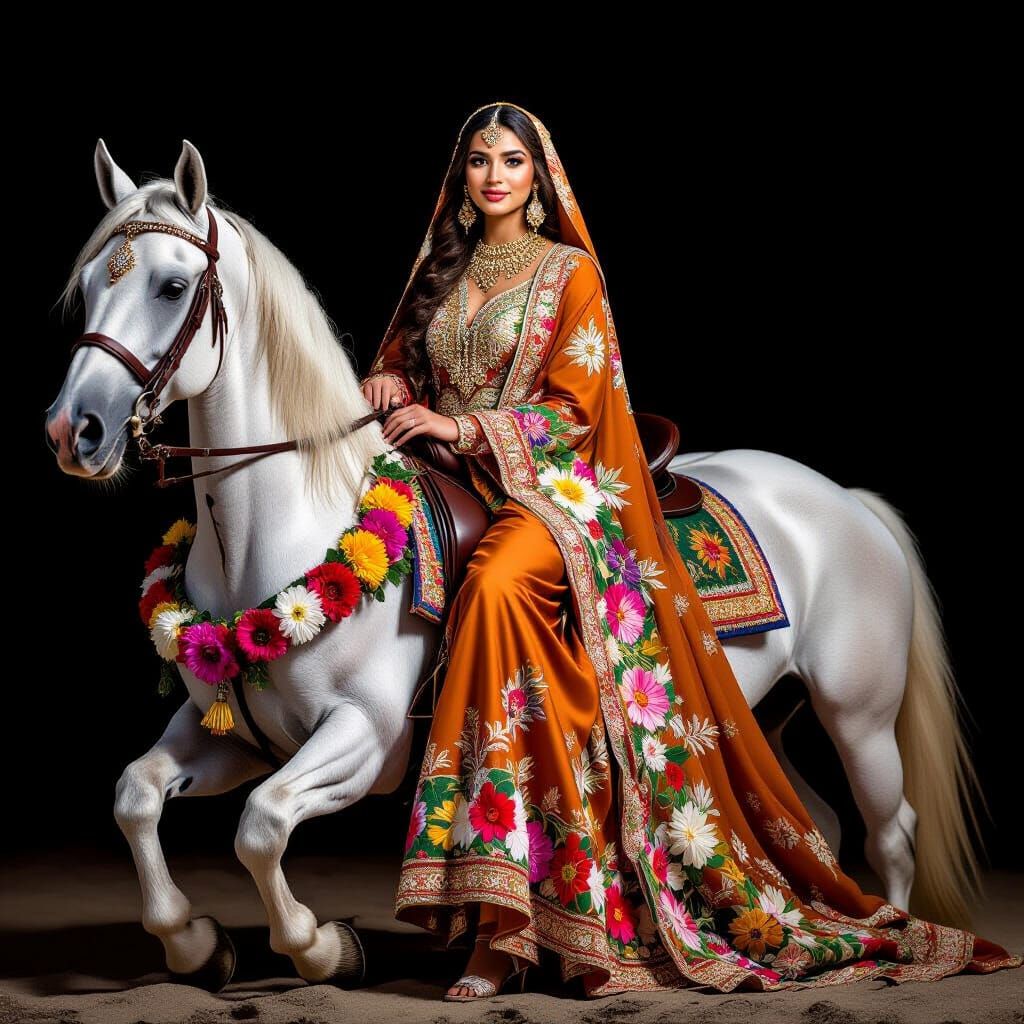 Arabic Woman on White Horse in Traditional Dress