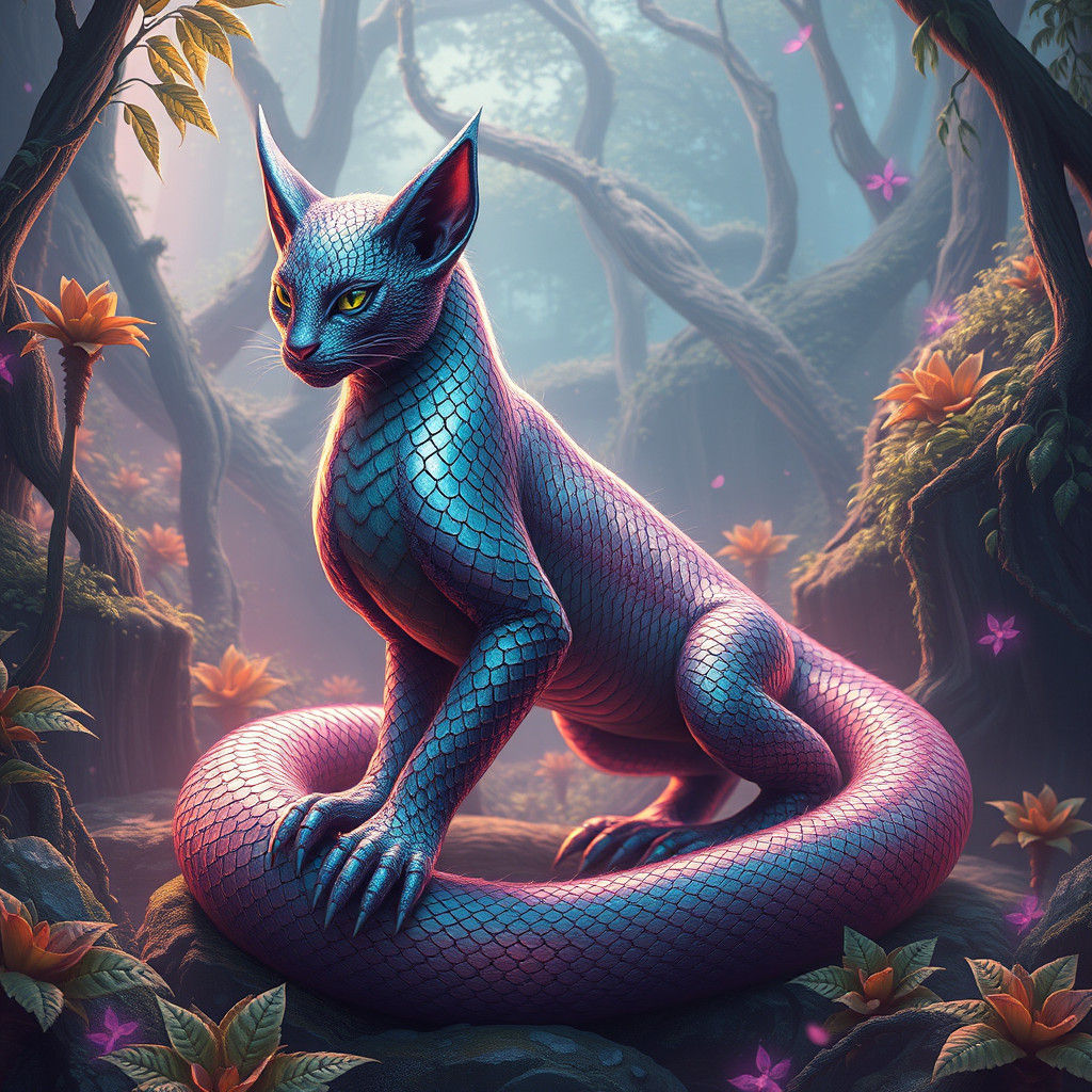 Serpentine Feline Hybrid in Fantasy Landscape