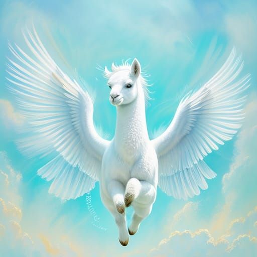 Whimsical White Alpaca Soars with Iridescent Wings