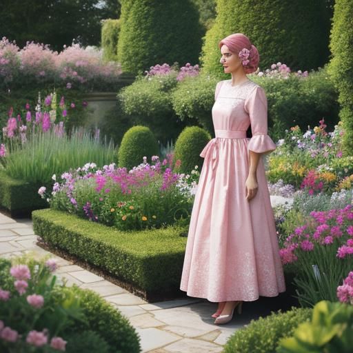 Woman in Pink Silk Dress in Garden