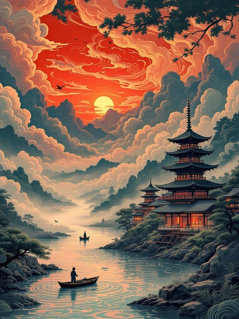 Dreamlike Ukiyo-E of a Riverscape at Sunset