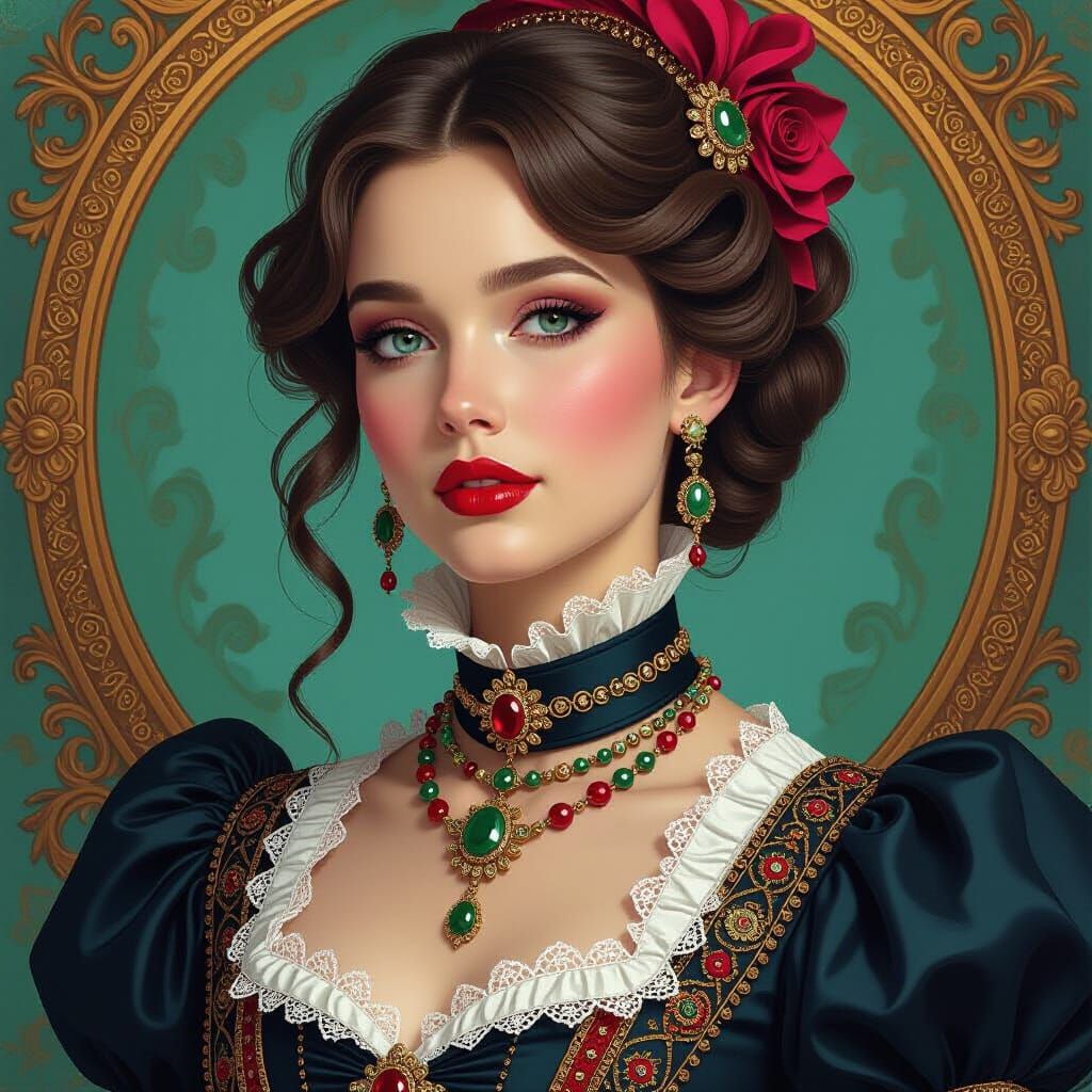 Victorian Woman in Detailed Attire, Hyperrealistic Style