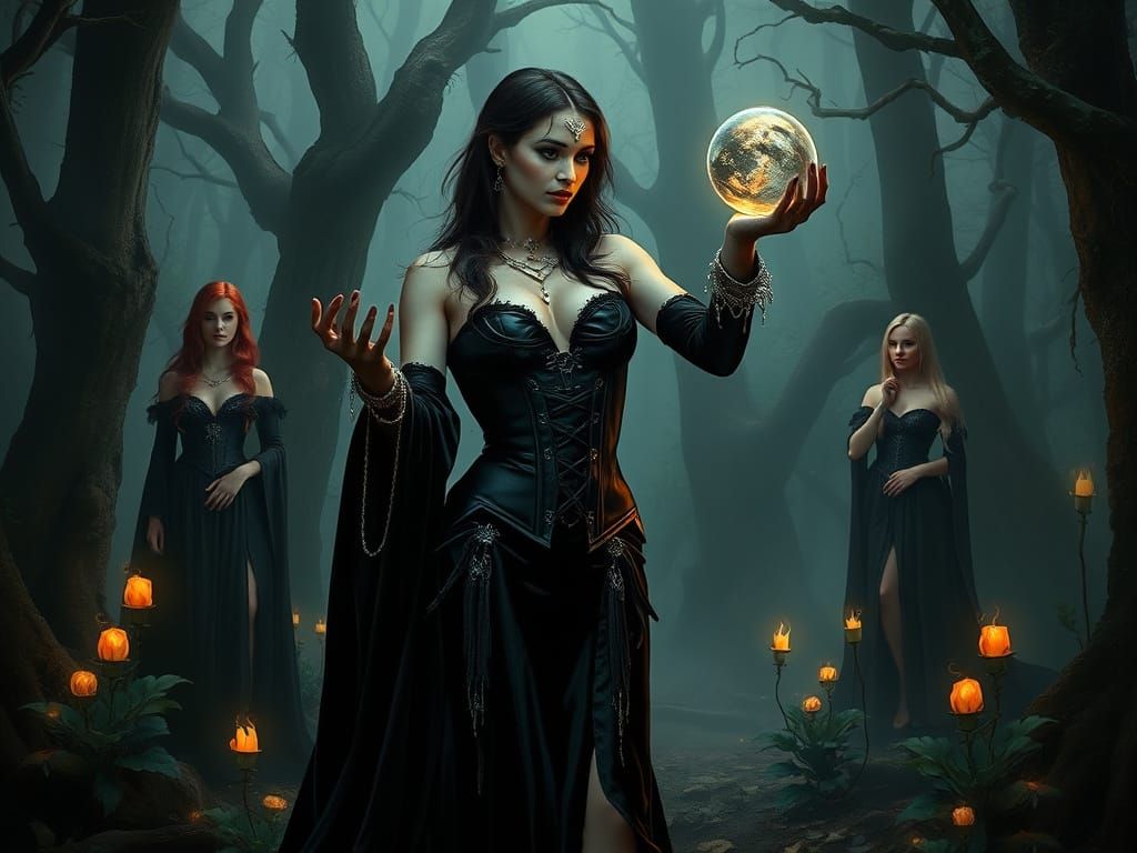 Gothic Sorceress Casting Spell in Misty Forest