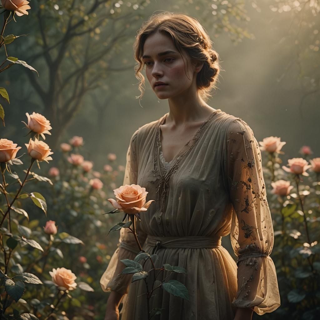 Rose Woman in Misty Garden: Cinematic Film Still