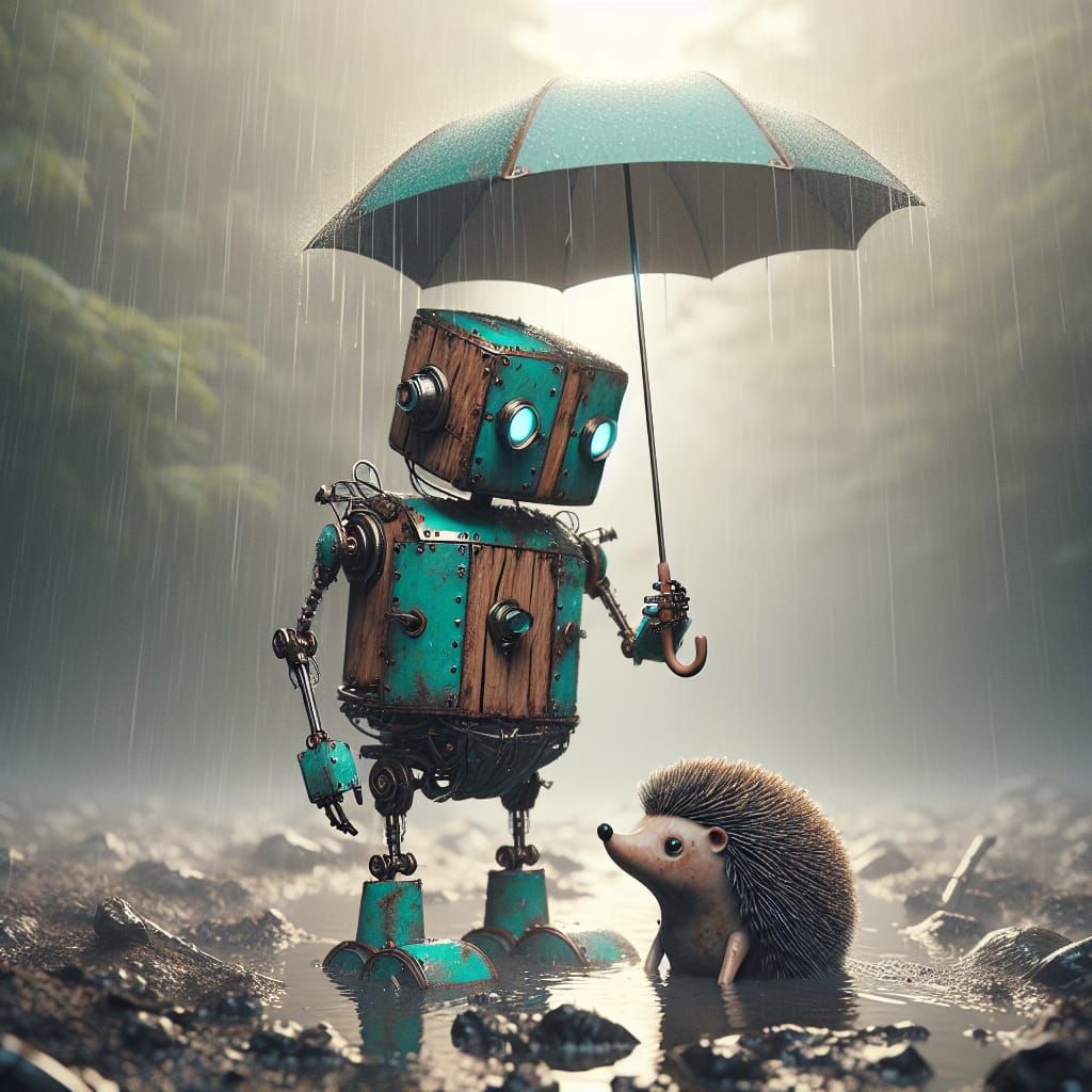 Robot Sheltering Hedgehog: Ultra Realistic 8K Photo