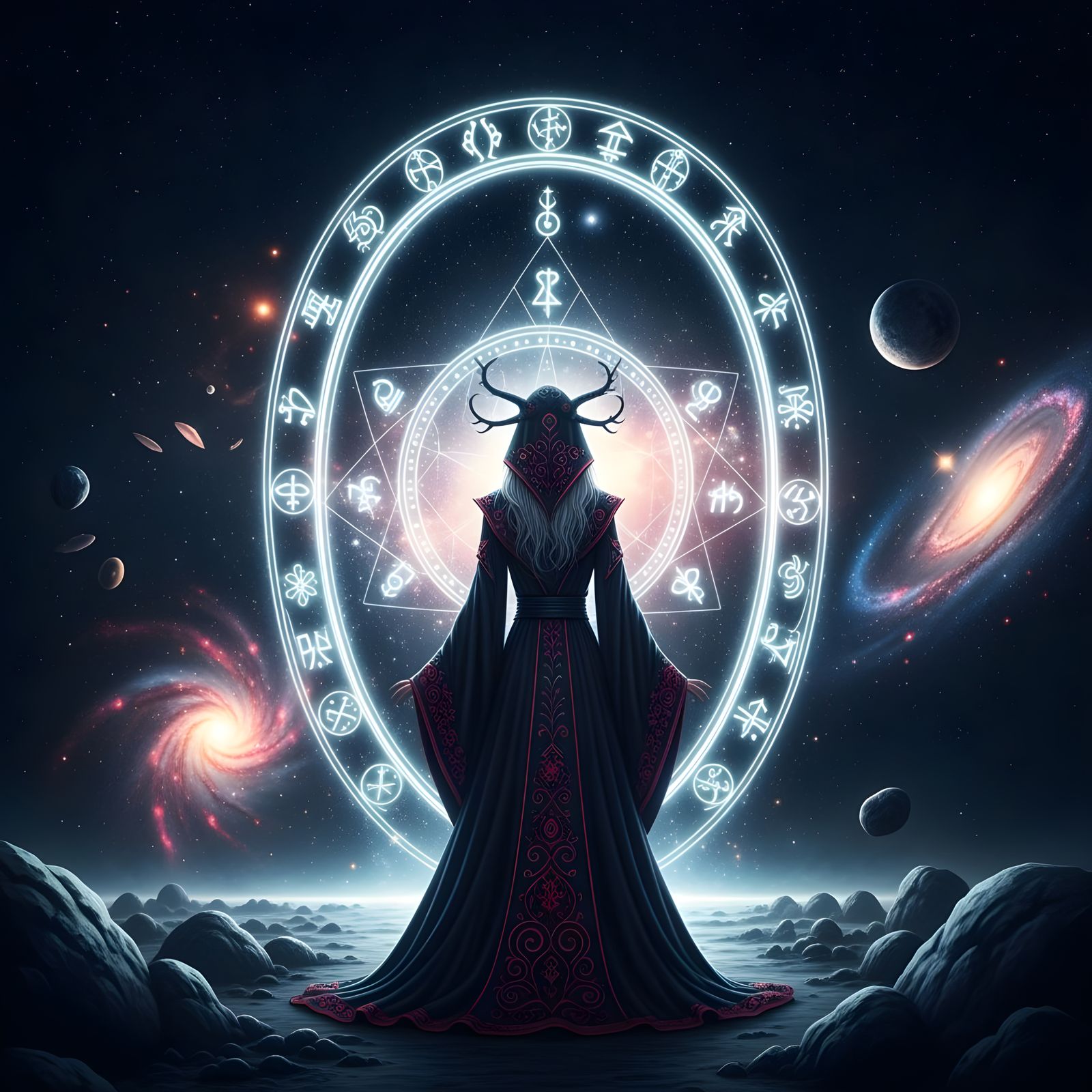 Ethereal Portal: Solitary Sorceress in Cosmic Landscape