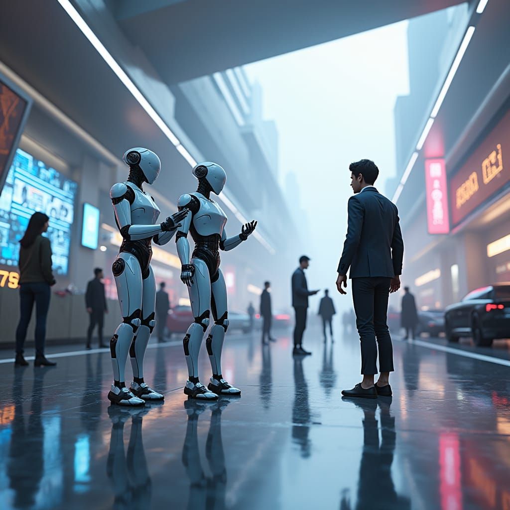 Futuristic Cityscape: Humanoid Robots and Humans Coexisting