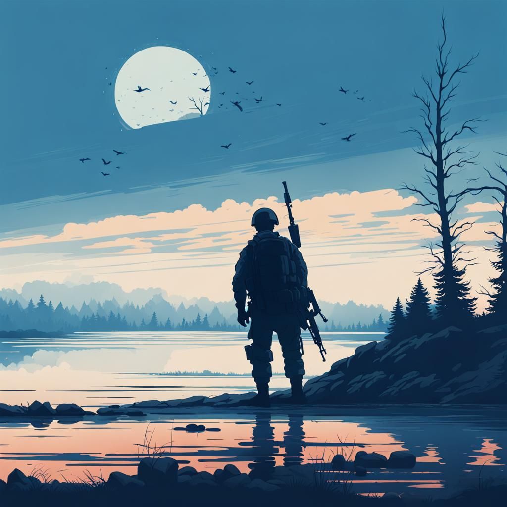 Resilient Soldier in Blue Silhouette Landscape