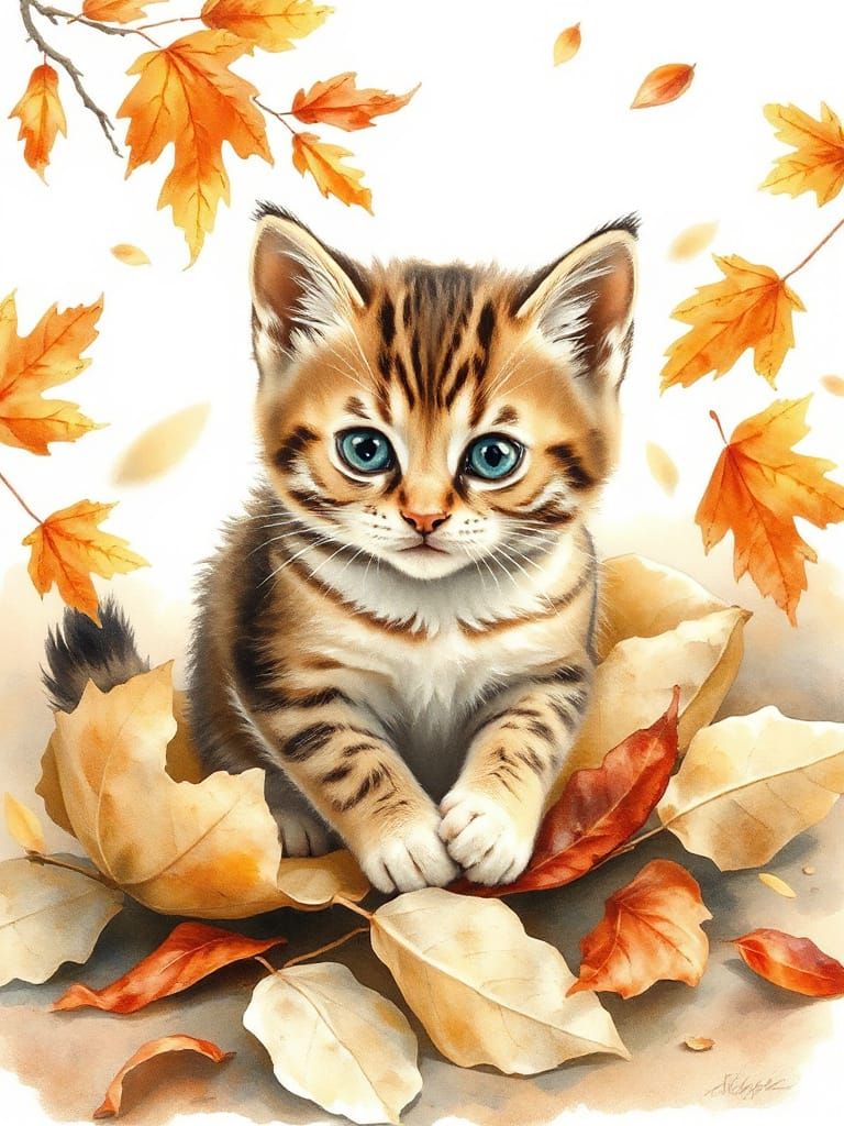 Adorable Kitten Playing: Stylized Watercolor Autumn Scene
