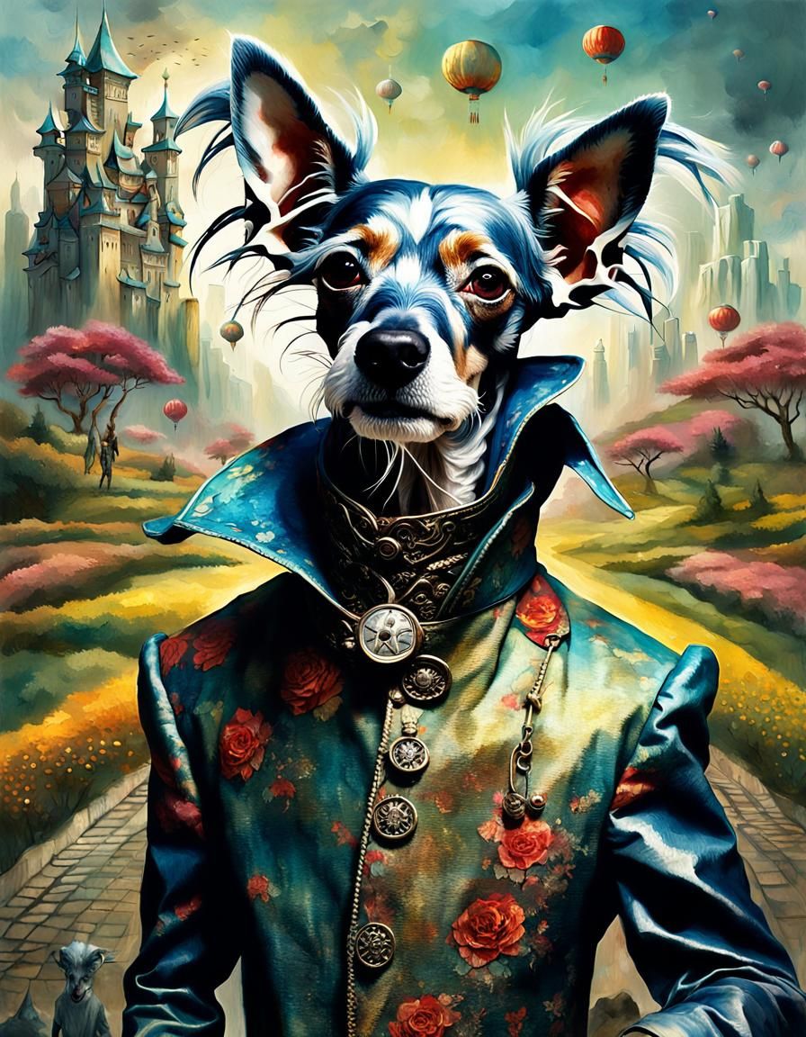 Chinese Crested Dog as Surreal Tinman Portrait