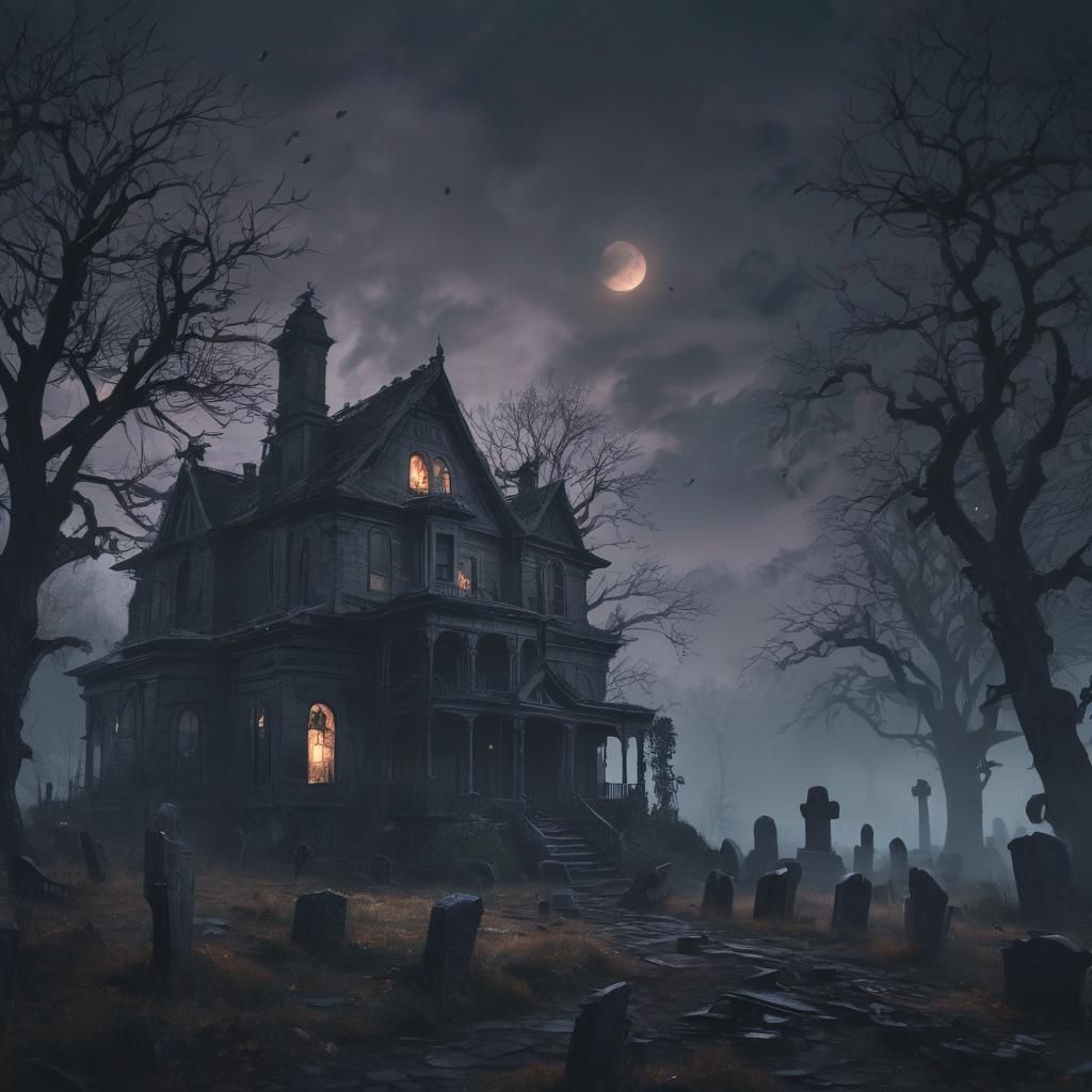 Eerie Haunted House with Graveyard in Dark Fantasy Style
