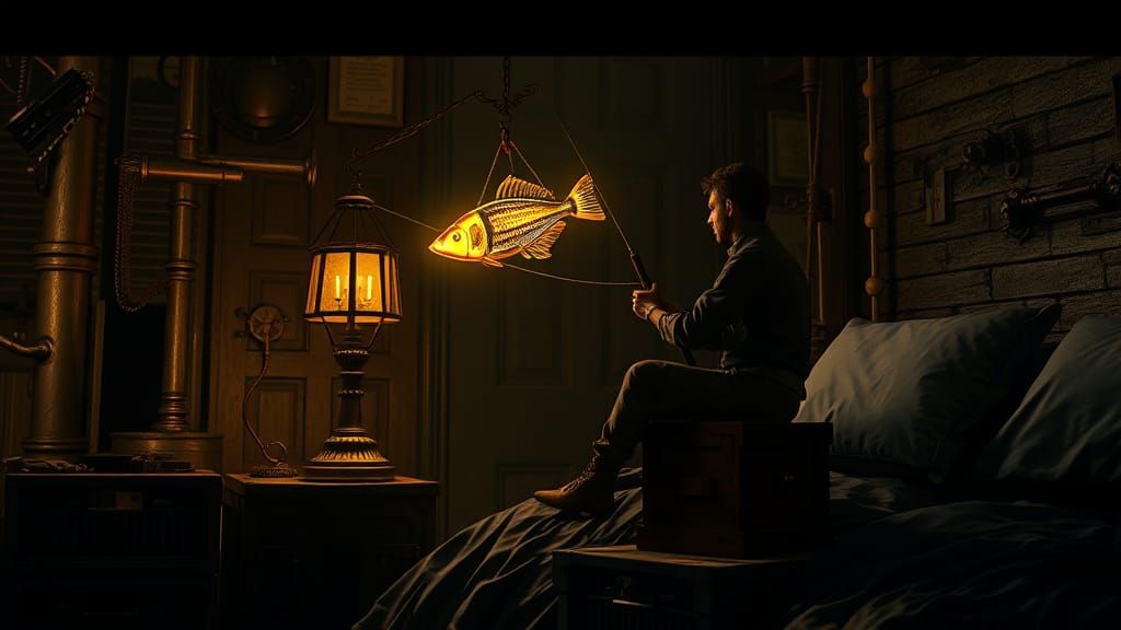 Steampunk Iron Lamp Man Fishing at Night