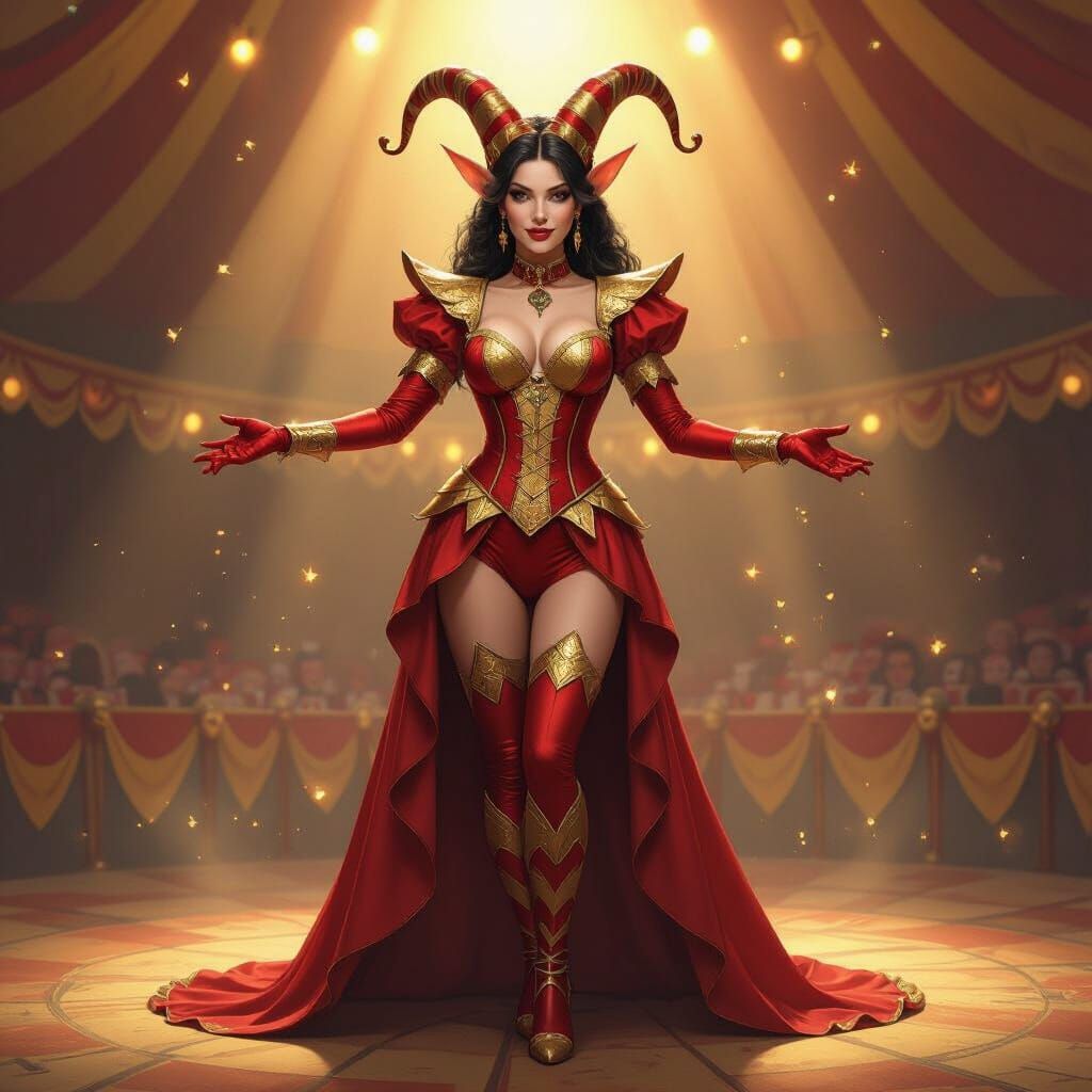 Powerful Satyr Ringmaster in Red and Gold Jester Outfit