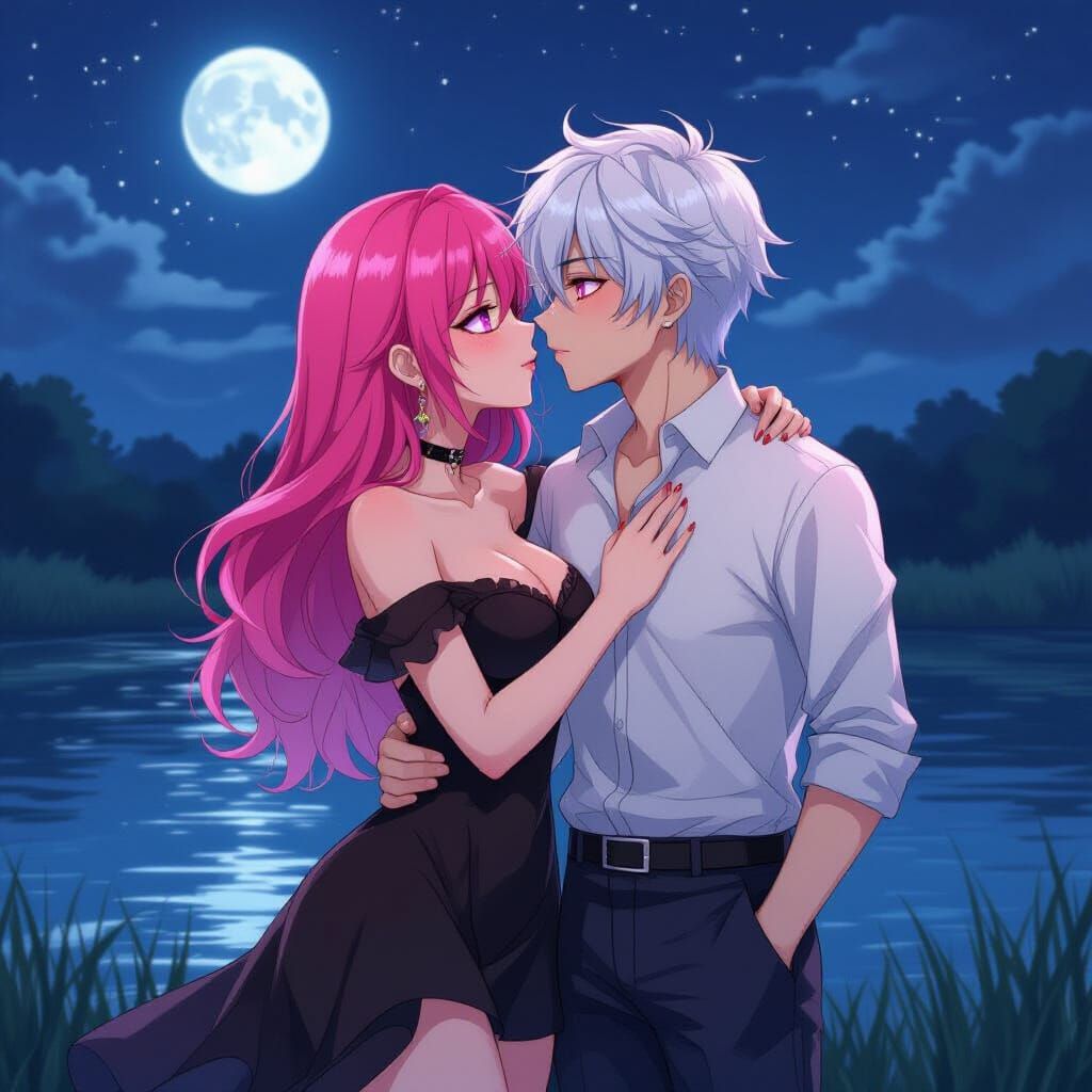 Moonlit River Kiss in Alcohol Ink Style