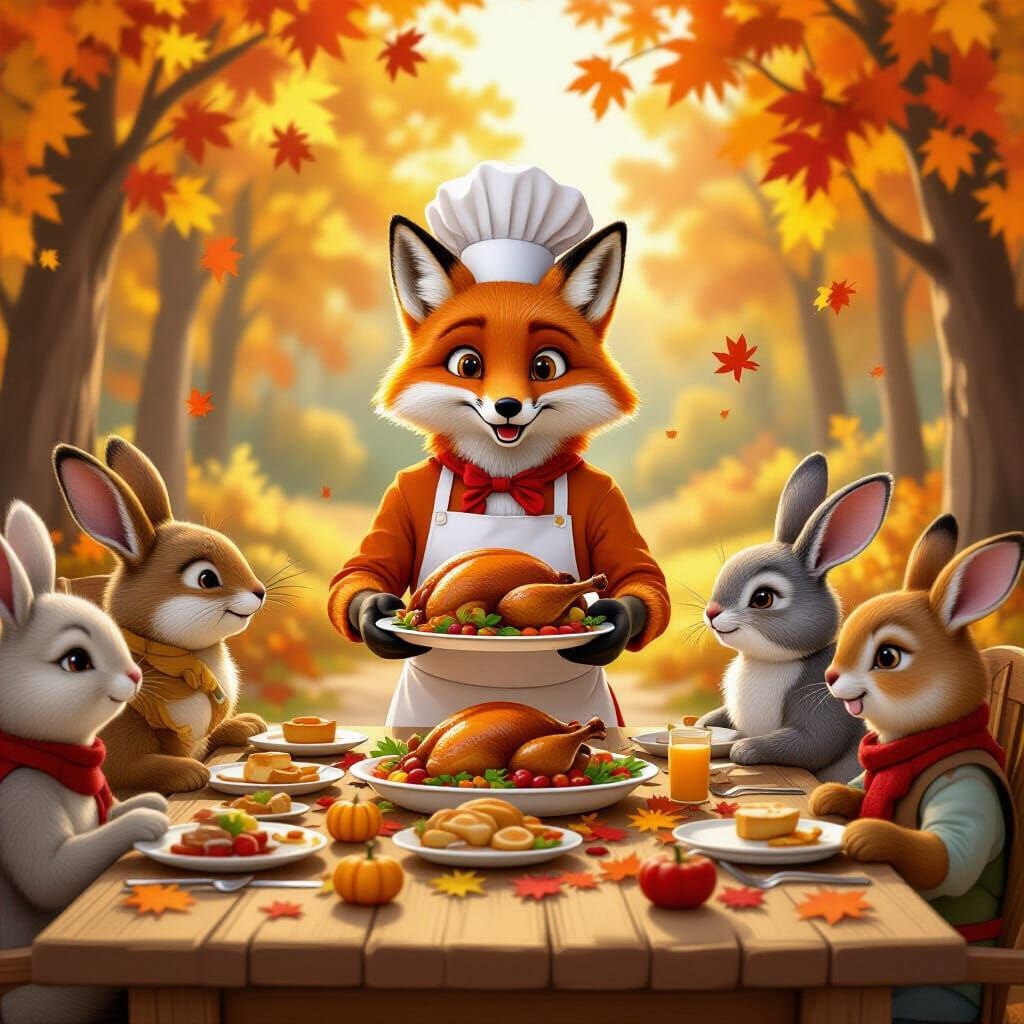 Anthropomorphic Fox Serves Feast to Woodland Animals