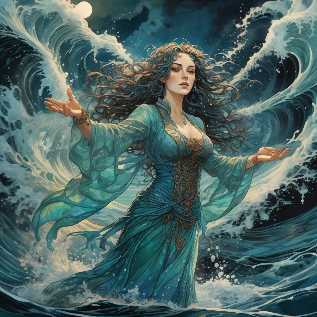 High Fantasy Water Mage Concept Art in Gouache Style