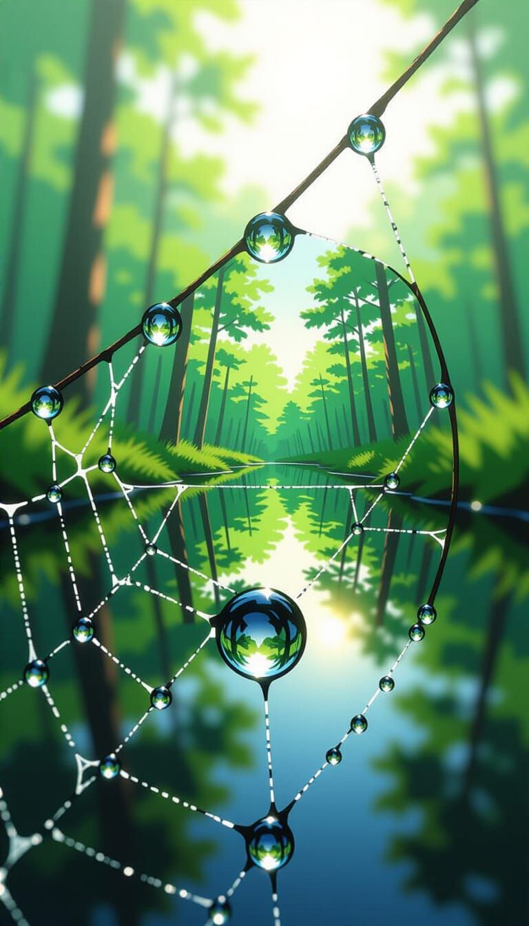 Dewdrop Reflecting Forest on Spiderweb: Matte Painting