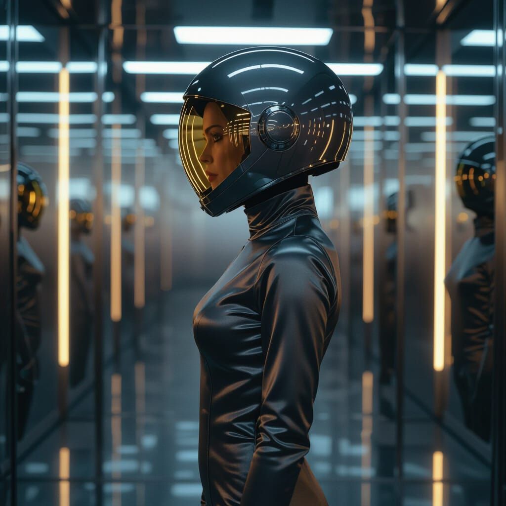 Bald Actress in Satin Spacesuit: A Sci-Fi Portrait