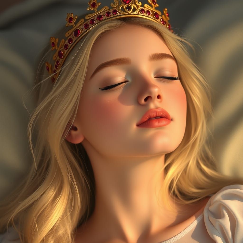 Sleeping Beauty with Golden Crown in Digital Art Style